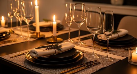 Elegant table setting with candles wine glasses and modern tableware