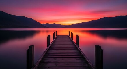 Fototapeta premium Wooden pier extends into a calm lake reflecting the vibrant colors of a stunning sunset.