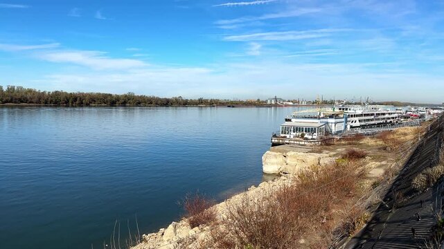 View from Ruse, Bulgaria towards Giurgiu Port, Romania and River Danube Pontoon