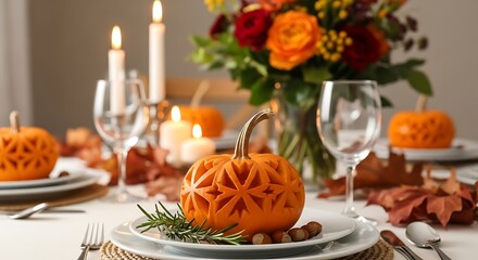Elegant Thanksgiving dinner table setting with pumpkins candles and floral centerpiece