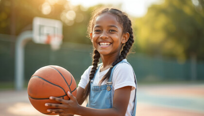Young black girl plays basketball on sunny outdoor court. She smiles brightly, holding ball. Child enjoys sport, active game. This moment shows childhood happiness, fun, and healthy lifestyle.