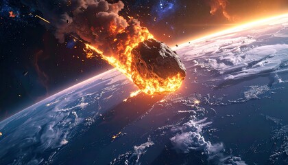 Fiery asteroid hurtling towards planet Earth, blazing through the atmosphere with trailing flames and imminent impact