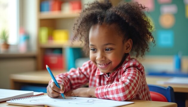 African girl drawing with pencil on paper at school desk. Young student smiling, creating art in classroom. Child doing homework, learning in elementary school. - Powered by Adobe