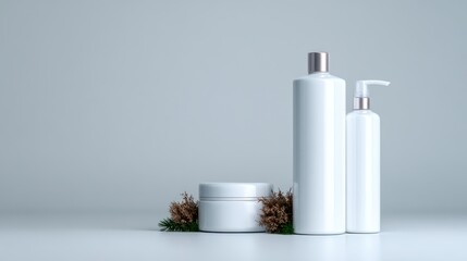 Three stylish white cosmetic containers, varying in size, adorned with leaves and moss, capture a modern aesthetic perfect for beauty product photography and branding purposes.