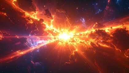 Fiery burst of light amid swirling red and blue nebulous clouds in a vast cosmic expanse