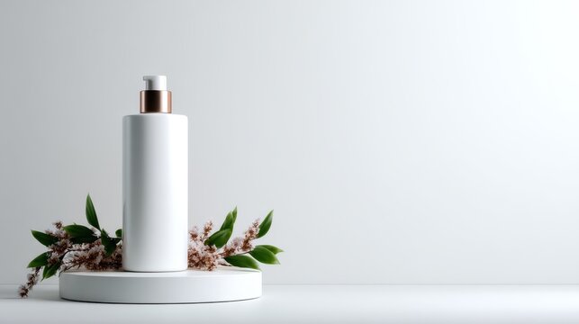 A sleek, modern white bottle with a copper pump placed elegantly beside fresh foliage, showcasing minimalist beauty in product design for beauty and skincare items.