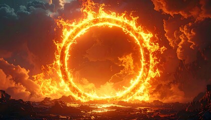 Fiery circle engulfs landscape, creating a portal effect against stormy clouds and rocky terrain, intense and surreal