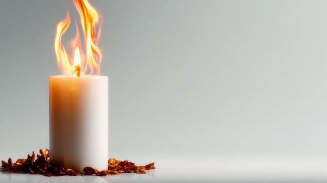 This striking image features a burning white candle encircled by dried petals, evoking feelings of warmth, tranquility, and a serene ambiance in an artistic setting.