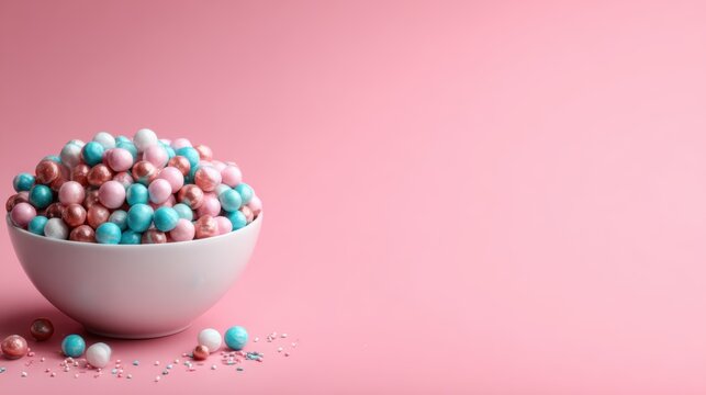 A delightful bowl overflowing with colorful round candies offers a visual treat, inspiring joy and evoking fond memories of sweet childhood moments and celebrations.