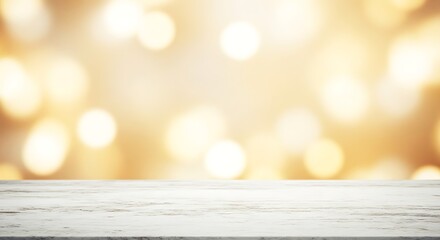 Elegant white surface with abstract golden bokeh background studio shot