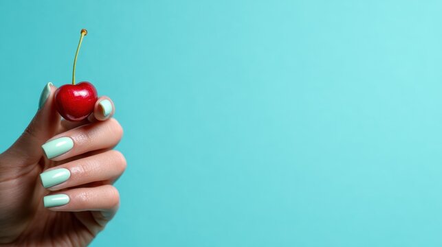 A graceful hand cradles a shiny red cherry against an aqua background, symbolizing sweetness and desire, while highlighting beauty, femininity, and the playful nature of fruit.