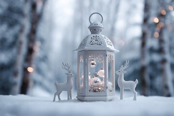 Winter Lantern with Reindeer Decorations in Snowy Landscape