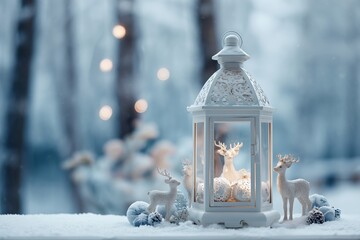 Winter Lantern with Deer and Snowy Decor