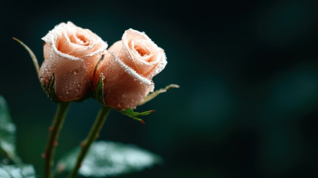 A romantic close-up of two delicate pink roses adorned with tiny dew drops, beautifully capturing their natural beauty and freshness in a moody background.