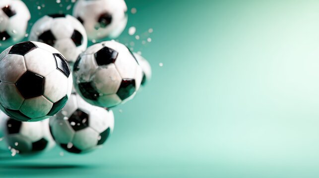 A thrilling image of multiple soccer balls exploding into a splash of water droplets against a vibrant green background, symbolizing action and excitement in sports.