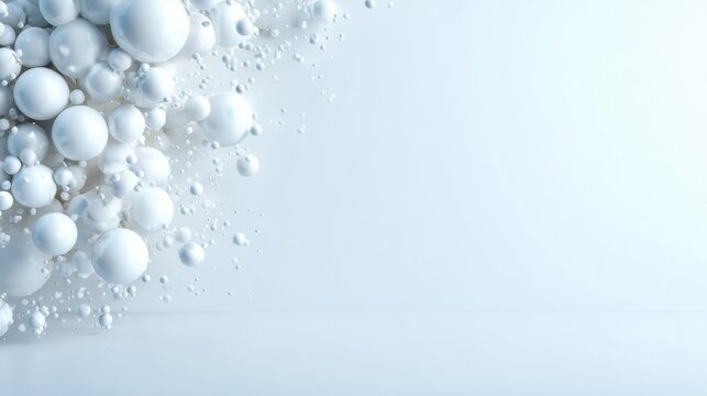An array of white spheres appear to explosively scatter across a light background, creating a sense of movement and dynamic energy within a minimalist design.