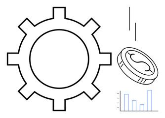 Mechanical gear alongside a coin and bar chart, combining finance and productivity. Ideal for business, economics, innovation, investment, profitability, analysis development. Simple flat metaphor