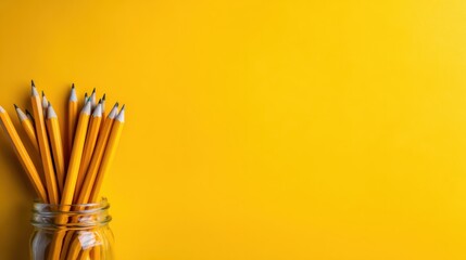 A collection of sharpened yellow pencils stands upright in a glass jar, with a bright yellow background emphasizing the vibrancy and creativity of the stationary.