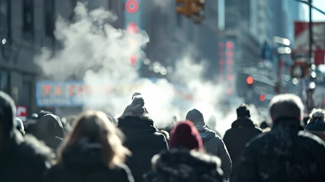 A busy urban street showcases a crowd of people bundled in winter attire as they walk through steam rising from the street. The scene conveys the hustle and bustle of city life.