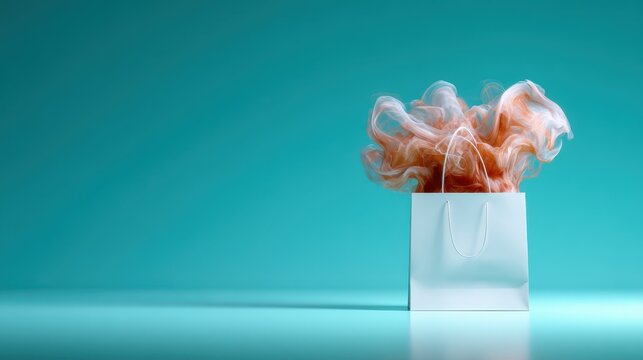 An artistic representation of flowing hair emerging from a simple white gift bag, combining elements of surprise and creativity against a calm turquoise backdrop.