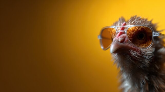 A fun image of a bird wearing trendy sunglasses, set against a warm orange background, blending humor and style in a delightful visual representation.
