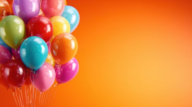 A lively cluster of vibrant balloons bursts against a warm orange background, exuding joy and celebration, perfect for parties, events, and festive occasions.
