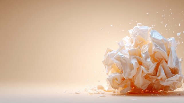 This image showcases a burst of crumpled paper, symbolizing creativity and chaos, set against a soft orange backdrop that adds warmth and vibrancy.