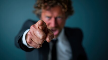 A businessman displays intense anger by pointing aggressively at the viewer, capturing raw emotion and the urgency of confrontation in a professional setting.
