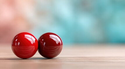 Two glossy red spheres sit side by side on a wooden surface, capturing light reflections and creating an intriguing interplay of color and form in artistic photography.