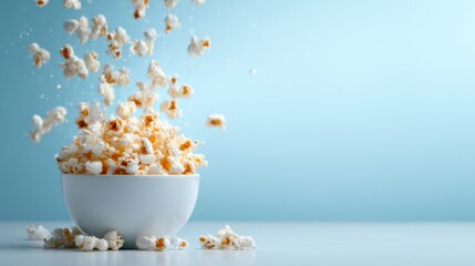A bowl of popcorn surrounded by floating kernels against a soft blue background, symbolizing joy, festivity, and the fun of sharing snacks in social settings.