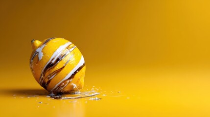 A vibrant lemon drizzled with chocolate sitting on a bright yellow background, creating a unique blend of flavors and artistic expression in food photography.