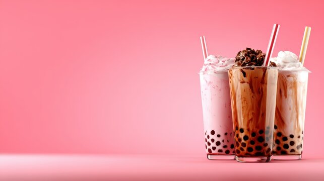 Three delightful milk tea drinks with toppings offer a visual treat, perfect for enticing food photography that showcases sweetness, creativity, and refreshing flavors.