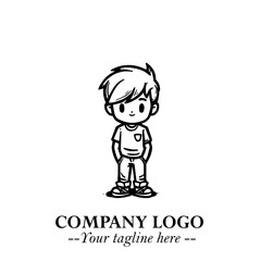 Black and White Chibi Boy Illustration with Jacket and Boots in Bold Thick Line Art Minimal Style