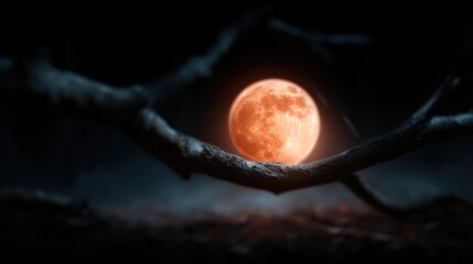 A striking full moon casts an eerie glow through twisted branches, creating a mystical atmosphere that evokes emotions of wonder, darkness, and nature's beauty.