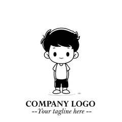 Black and White Chibi Boy Illustration with Jacket and Boots in Bold Thick Line Art Minimal Style