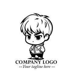 Black and White Chibi Boy Illustration with Jacket and Boots in Bold Thick Line Art Minimal Style