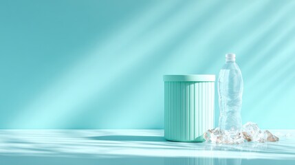 A sustainable lifestyle image showcasing a turquoise recycling bin and plastic bottle with waste, promoting eco-friendliness, conservation, and awareness towards environmental responsibility.