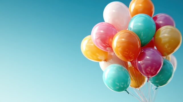A vibrant collection of balloons floats in the blue sky, showcasing a range of colors that evoke feelings of joy and celebration, making it ideal for festive events.