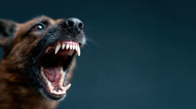 An intense close-up image of a dog baring its teeth, showcasing strong emotions, alertness, and the wild spirit of canine nature against a dark backdrop.