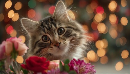 Adorable kitten surrounded by colorful flowers