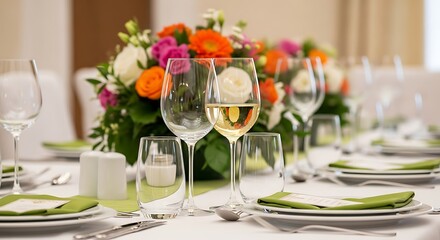 Elegantly Set Table at Formal Event with Floral Centerpiece and Wine