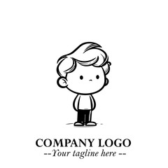 Black and White Chibi Boy Illustration with Jacket and Boots in Bold Thick Line Art Minimal Style