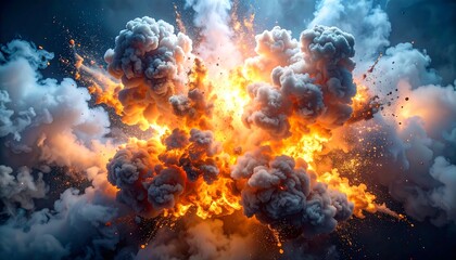 Dynamic cloudscape of bright orange explosion nestled between fluffy grey clouds against a dark blue backdrop