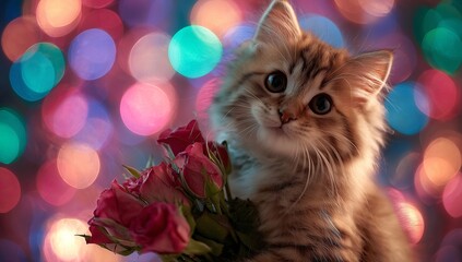 Cute kitten holding roses with colorful bokeh background