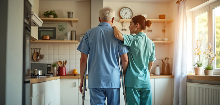 Nurse supports elderly man on crutches in home kitchen. Caregiver assists disabled senior during recovery, rehabilitation process. Man walks with help for physiotherapy healing from accident, injury.