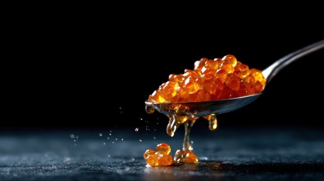 A close-up of vibrant orange salmon roe pearls spilling from a silver spoon against a dramatic dark background, emphasizing luxury and culinary artistry in seafood presentation.