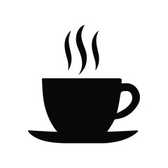 Simple silhouette of a steaming hot coffee cup and saucer on a white background