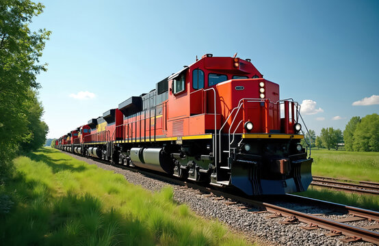Long red freight train travels on tracks through green rural landscape. Modern diesel locomotive hauls cargo under clear blue sky. Rail transport essential for goods delivery, supply chain logistics