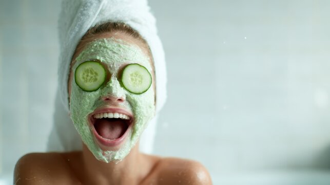 A joyful woman enjoys a self-care moment, smiling while wearing a cucumber facial mask and towel, embodying relaxation and humor in a light-hearted beauty routine.