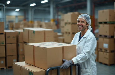 Warehouse worker in lab coat loads cardboard boxes. Man works in food processing factory. Employee transports packaged goods using hand truck. Industry expert at storage facility manages